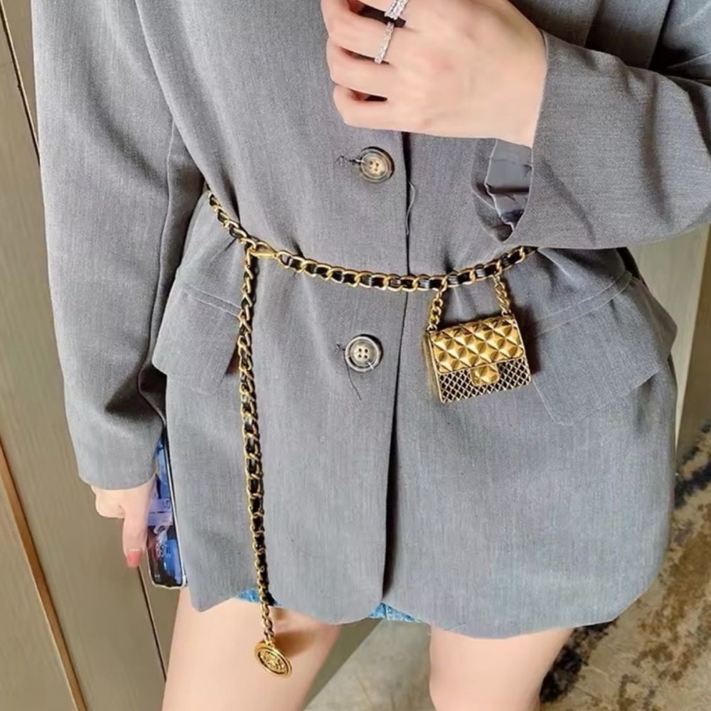 Anthropologie Gold Chain Belt with Mini Quilted Bag